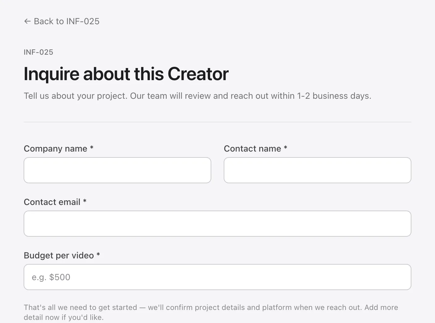The Star KH inquiry form asking for company name, contact name, email and budget per video