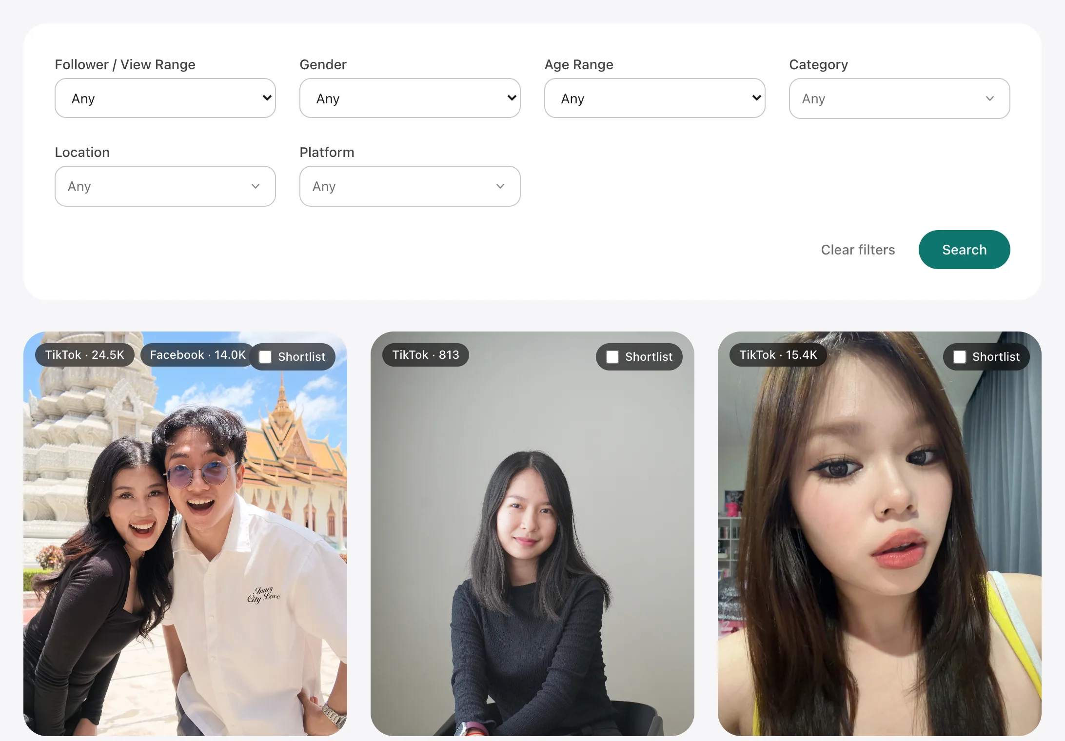 The Star KH creator search: filters for follower range, gender, age, category, location and platform above a grid of creator cards